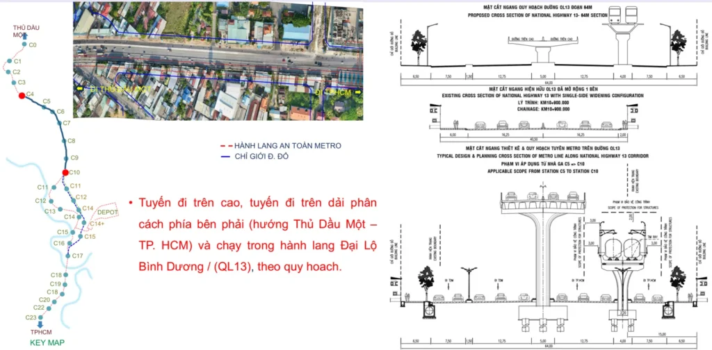 Mặt cắt tuyến metro số 2 đi trên cao dọc Đại lộ Bình Dương đoạn ga C4 đến C10