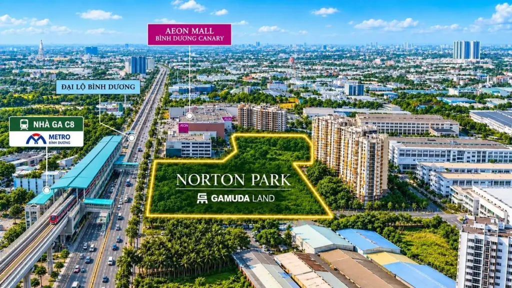 Vị trí Norton Park trên Đại lộ Bình Dương, khu vực AEON Mall Bình Dương Canary và ga C8 tuyến đường sắt đô thị số 2